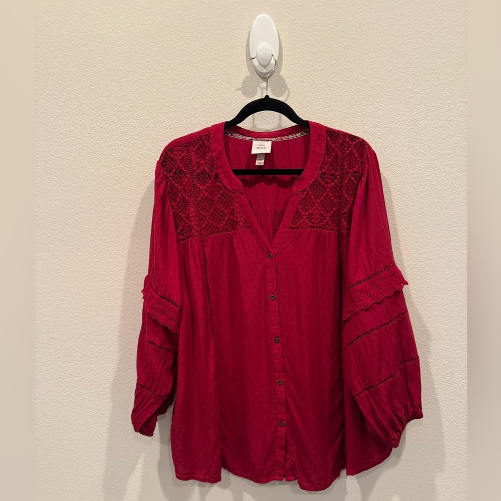 Knox Rose Red Button-Up Blouse with Lace Accents
